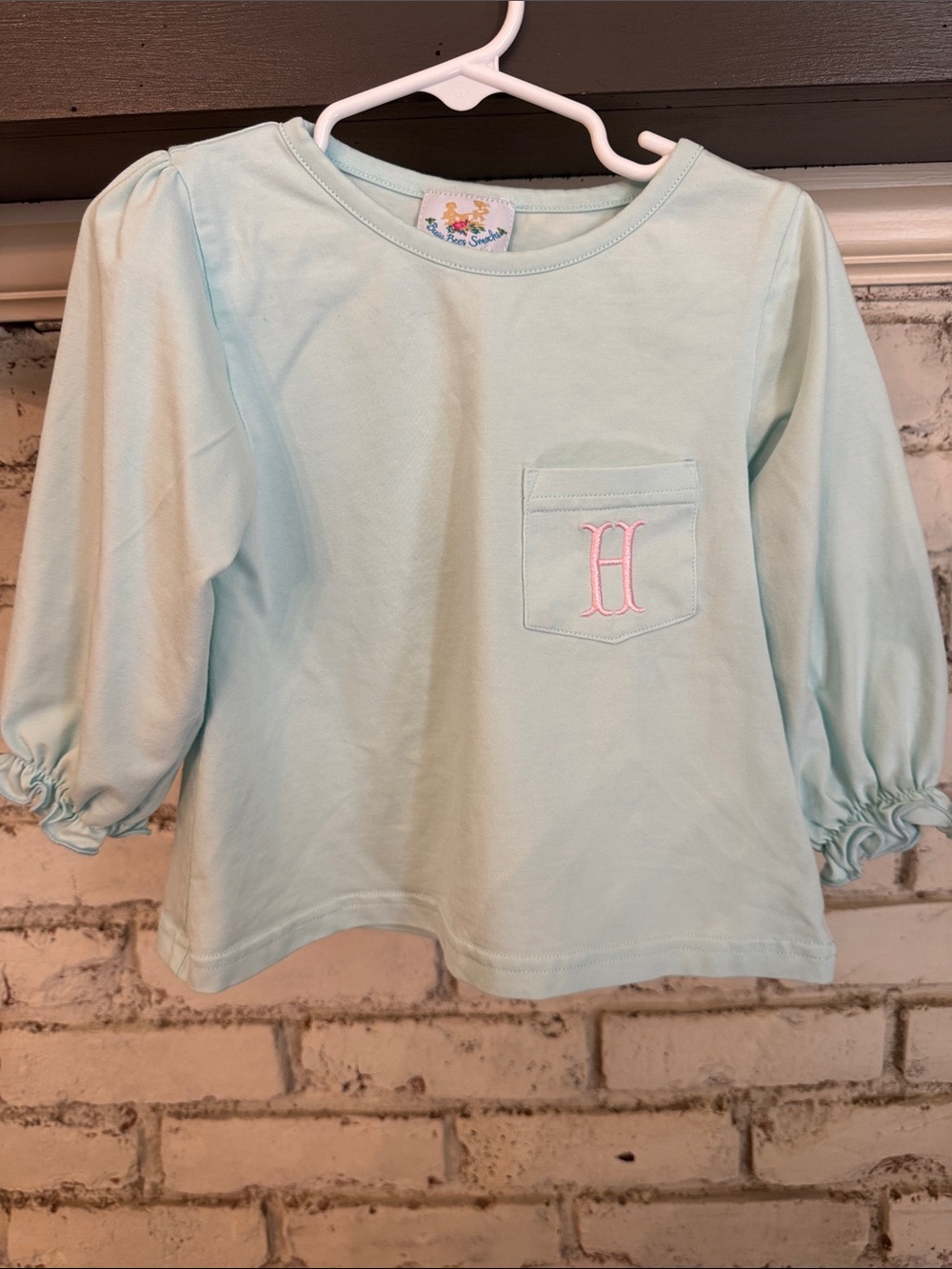 Busy Bee Girls' Light Aqua Long-Sleeve Pocket Top with Pink Monogram “H”